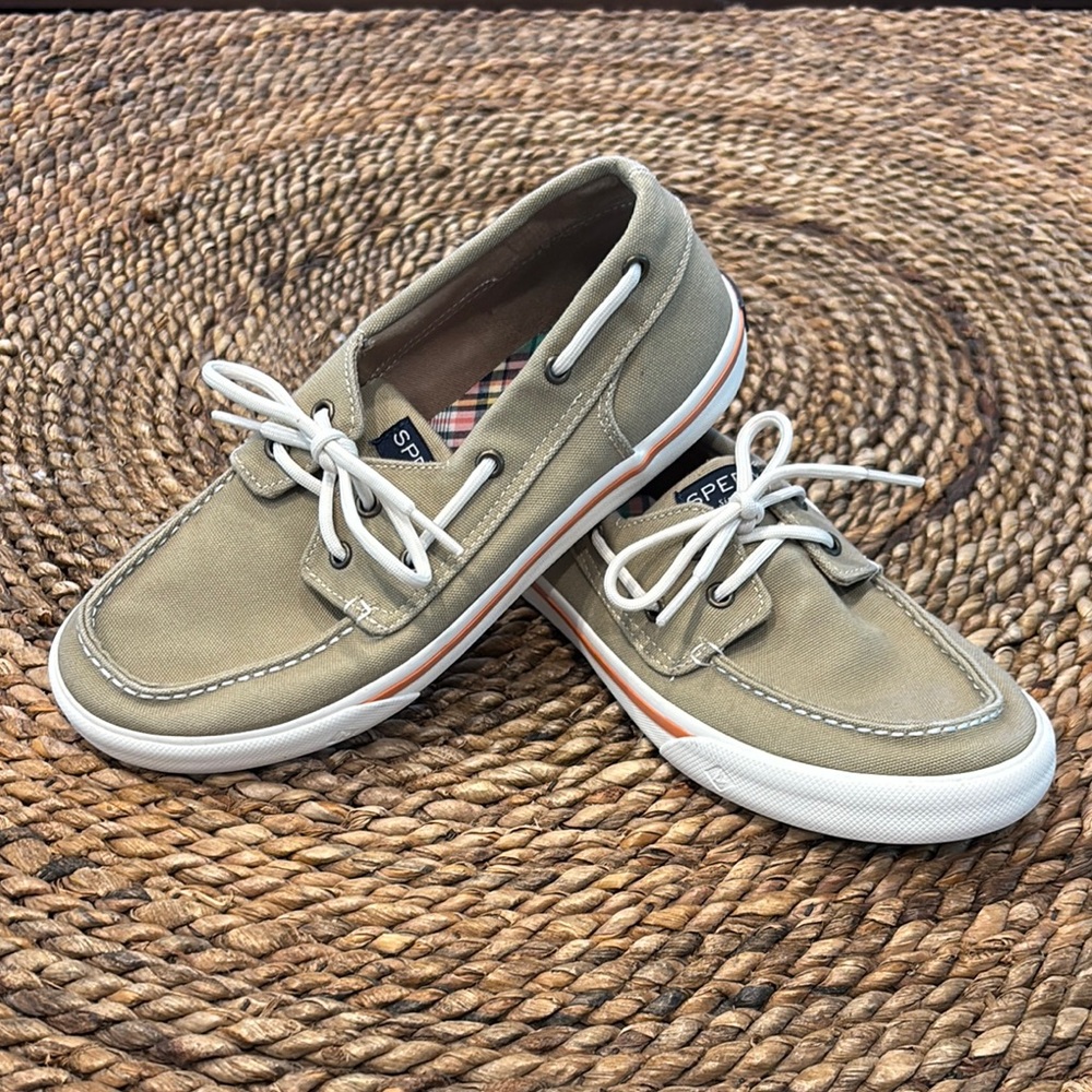 Sperry Kid’s Khaki Boat Shoes with White Laces